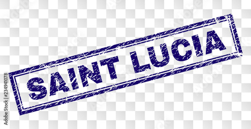 SAINT LUCIA stamp seal print with corroded style and double framed rectangle shape. Stamp is placed on a transparent background. Blue vector rubber print of SAINT LUCIA title with unclean texture.