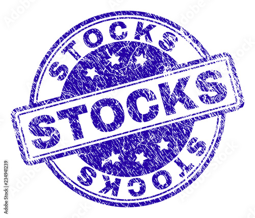 STOCKS stamp seal watermark with distress texture. Designed with rounded rectangles and circles. Blue vector rubber print of STOCKS tag with scratched texture.