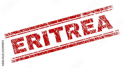 ERITREA seal print with distress texture. Red vector rubber print of ERITREA label with unclean texture. Text title is placed between double parallel lines.