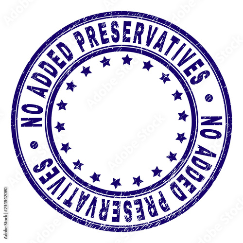 NO ADDED PRESERVATIVES stamp seal watermark with distress texture. Designed with circles and stars. Blue vector rubber print of NO ADDED PRESERVATIVES caption with corroded texture.
