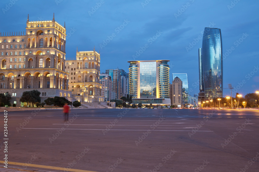 Azerbaijan, Baku at night Azadlig Square in front of the Government House evening side. Platitude Freedom - Azadlig located on the shores of the Caspian Sea.Hotel Absheron Marriott . Neftchiler Avenue Azerbaijan, Baku at night Azadlig Square in front of the Government House evening side. Platitude Freedom - Azadlig located on the shores of the Caspian Sea.Hotel Absheron Marriott . Neftchiler Avenue