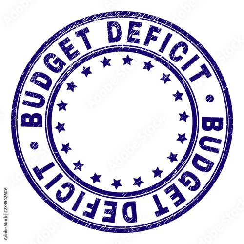 BUDGET DEFICIT stamp seal imprint with grunge texture. Designed with round shapes and stars. Blue vector rubber print of BUDGET DEFICIT label with retro texture.