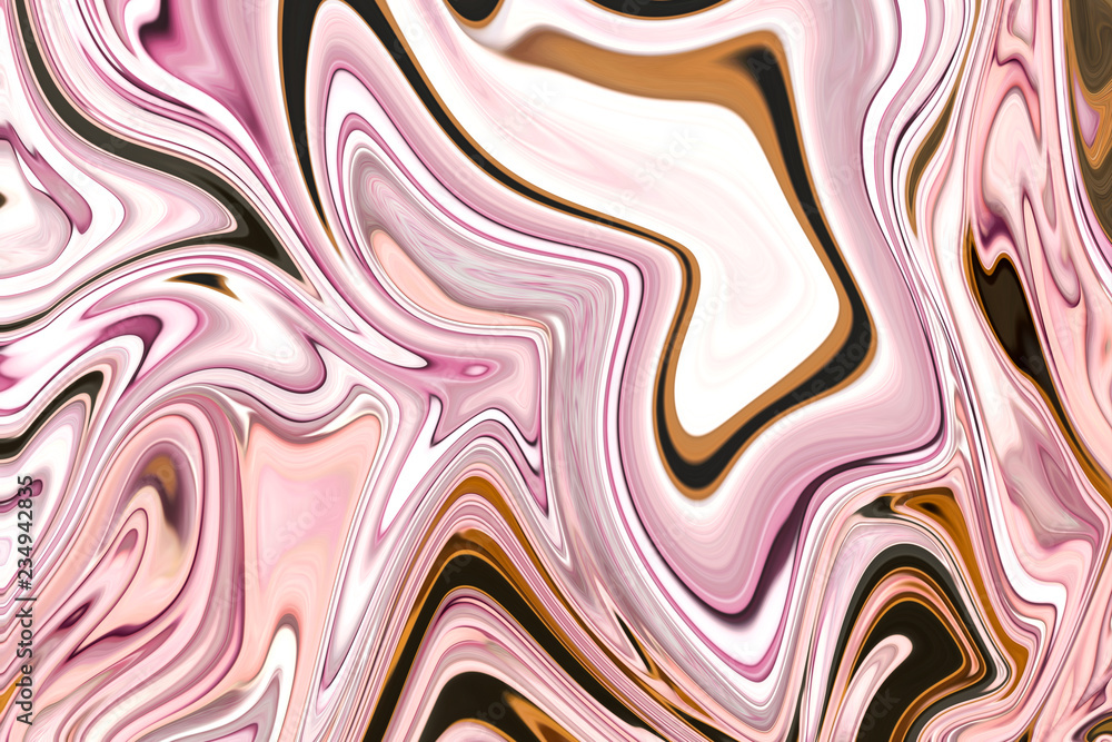 Obraz premium Liquify Abstract Pattern With LightPink, Coral, Black And Brown Graphics Color Art Form. Digital Background With Liquifying Flow.