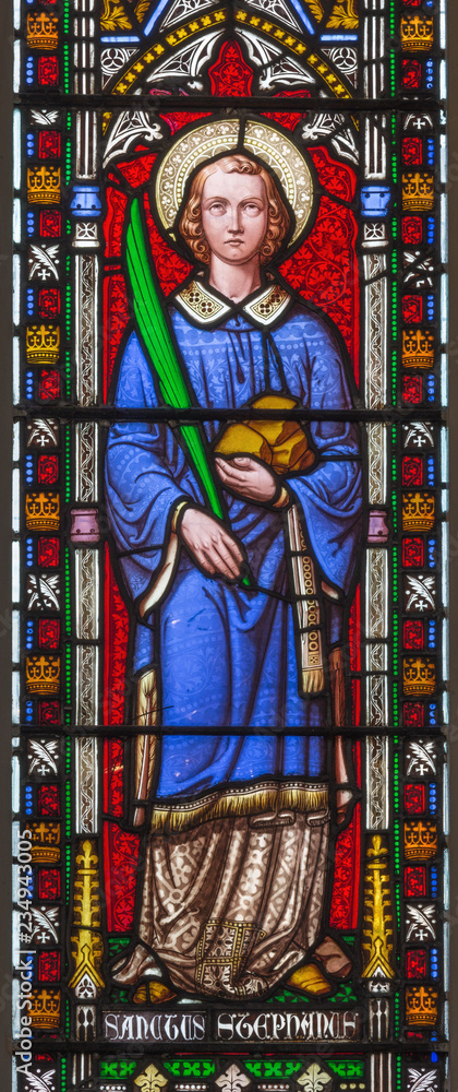 LONDON, GREAT BRITAIN - SEPTEMBER 19, 2017: The St. Stephen on the satined glass in church St Stephen's Rochester Row by Edward Coley Burne-Jones (1890).