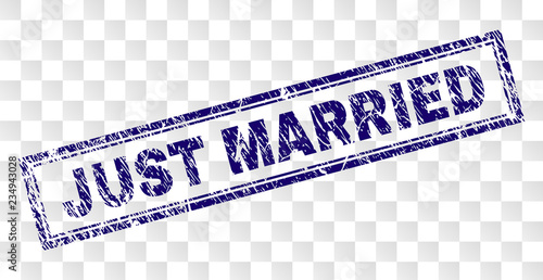 JUST MARRIED stamp seal watermark with rubber print style and double framed rectangle shape. Stamp is placed on a transparent background.