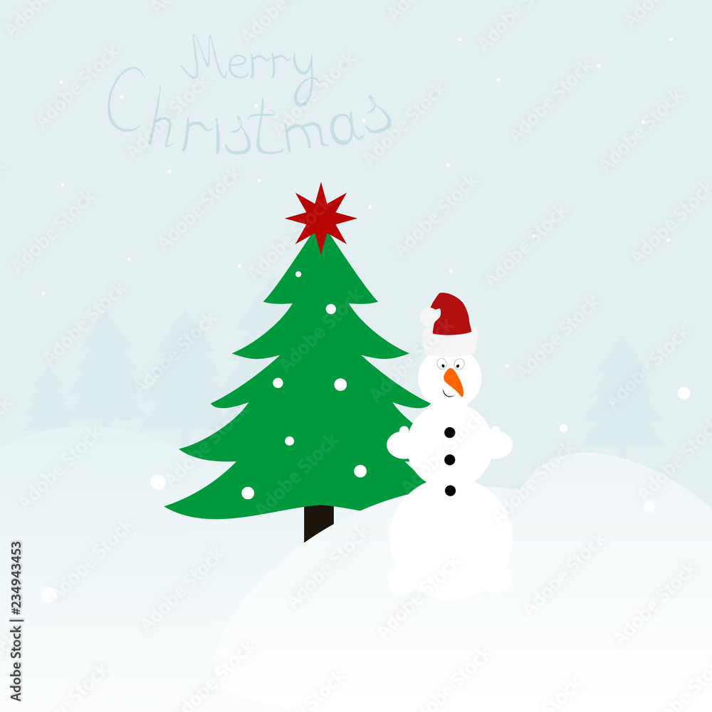 Christmas card, Snowman and Christmas tree