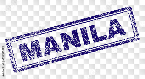 MANILA stamp seal watermark with rubber print style and double framed rectangle shape. Stamp is placed on a transparent background. Blue vector rubber print of MANILA text with unclean texture.