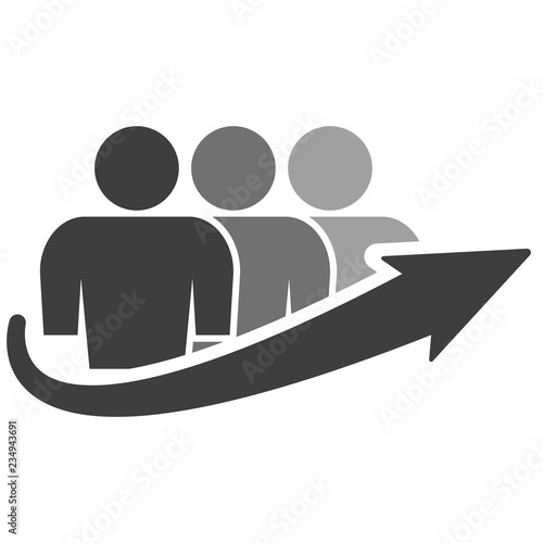 Icon of a group of people of three people and an arrow of growth. Vector on white background
