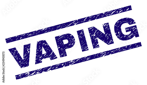 VAPING seal print with grunge style. Blue vector rubber print of VAPING label with scratched texture. Text label is placed between parallel lines.