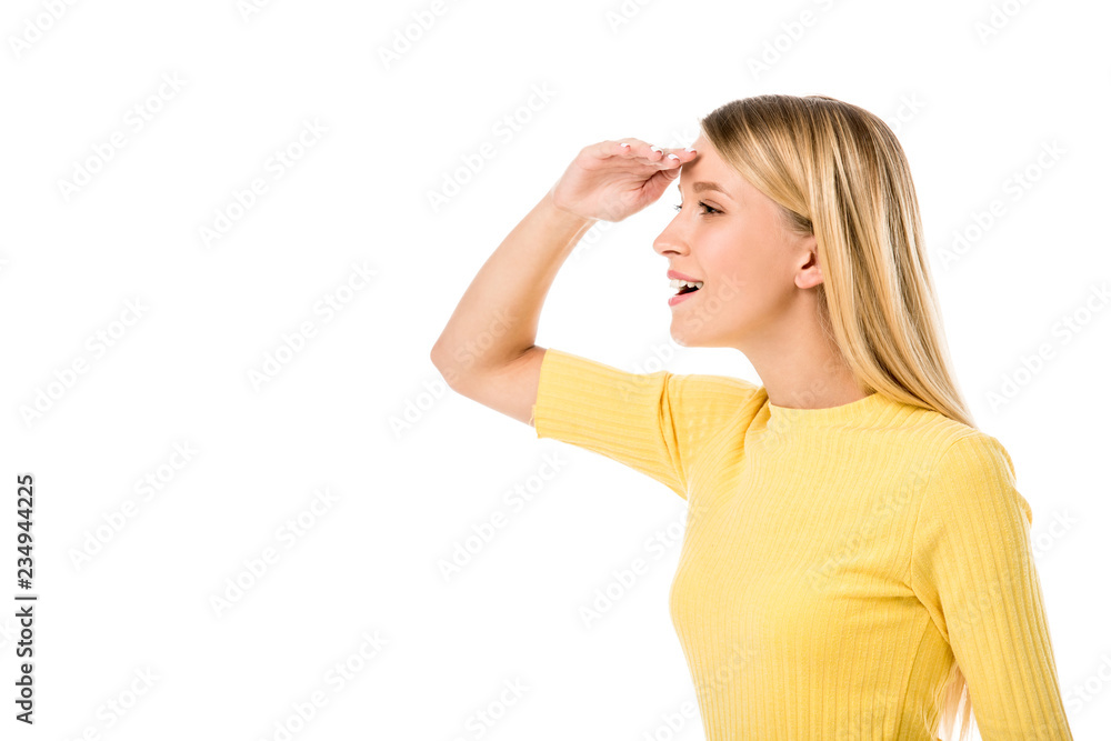 side view of smiling young woman with hand on forehead looking away isolated on white side view of smiling young woman with hand on forehead looking away isolated on white