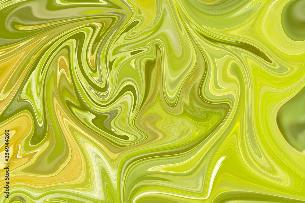 Liquify Abstract Pattern With Green, Lemon, Lime And Yellow Graphics Color Art Form. Digital Background With Liquifying Flow.