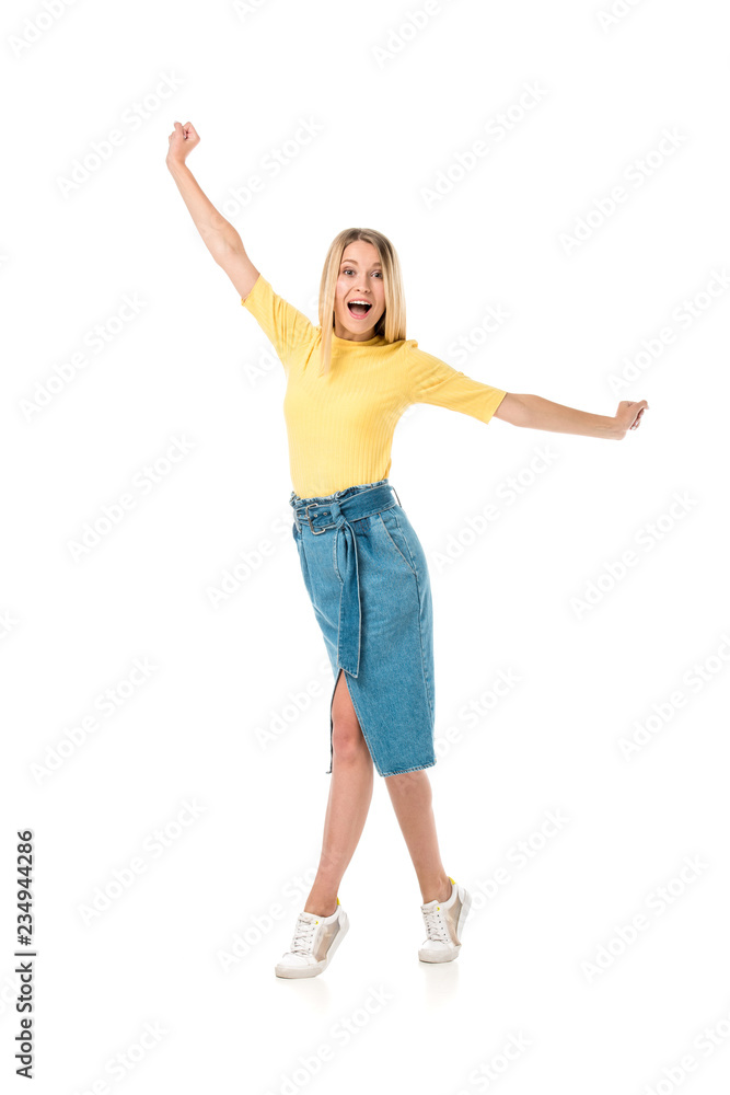 excited young woman with open arms smiling at camera isolated on white excited young woman with open arms smiling at camera isolated on white