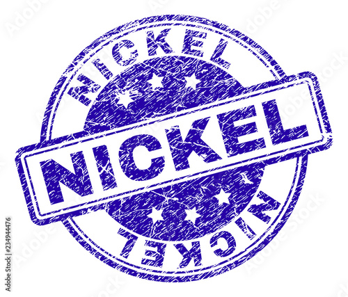NICKEL stamp seal imprint with distress texture. Designed with rounded rectangles and circles. Blue vector rubber print of NICKEL text with dirty texture.