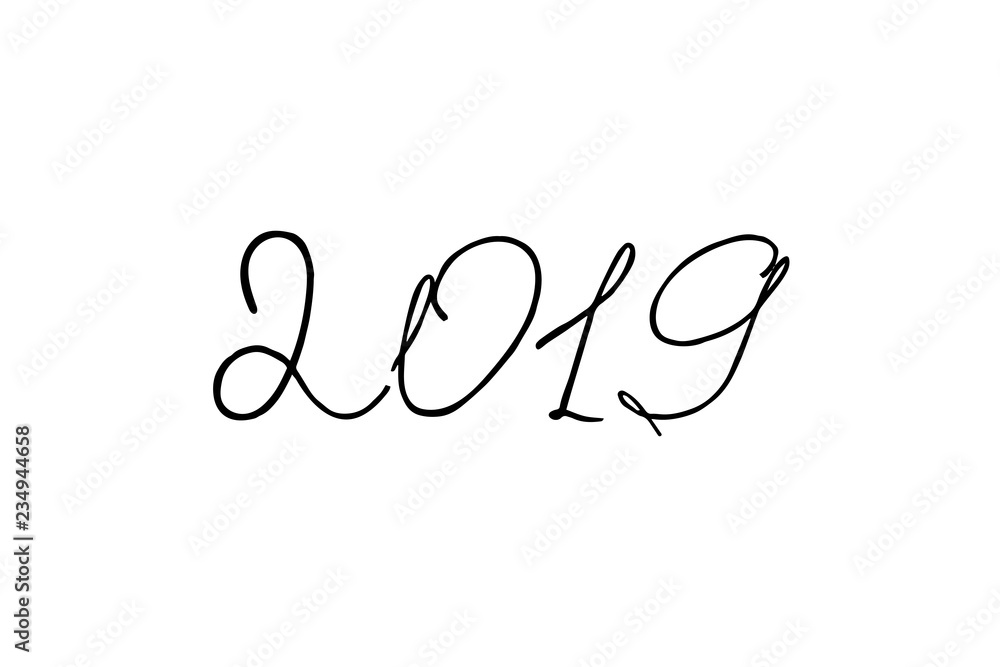 New year greeting black ink calligraphy. 2019 year text. Hand written modern brush lettering. Hand drawn holiday design elements. Festive sign card. New year greeting black ink calligraphy. 2019 year text. Hand written modern brush lettering. Hand drawn holiday design elements. Festive sign card.