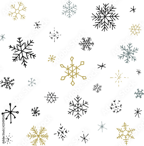 Collection of Christmas snowflakes  modern flat design. Can be used for printed materials.  Winter holiday background. Hand drawn design elements. Festive stickers card.