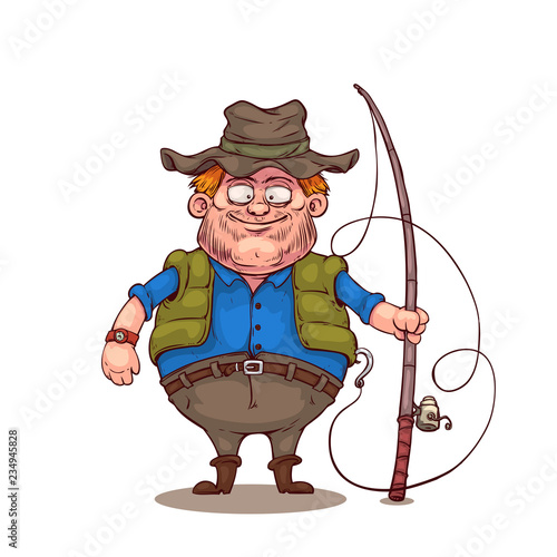 Fisher cartoon character. Fat man holding a fishing rod. Vector illustration, eps 10.