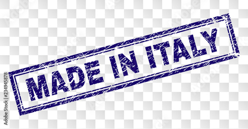 MADE IN ITALY stamp seal watermark with rubber print style and double framed rectangle shape. Stamp is placed on a transparent background.