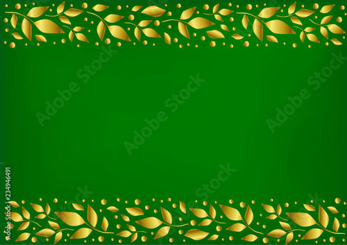 Green background stylized as velvet with decorative stripes align top and below with golden leaves and dots for decoration, scrapbooking paper, wedding invitation, greeting card, text, cover of book