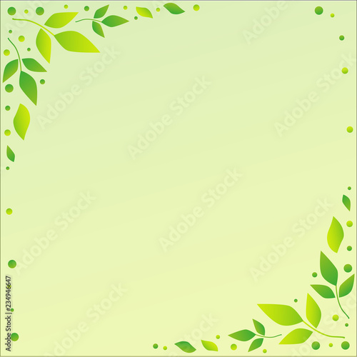 Light green background with decorative edges with green leaves and dots for decoration, scrapbooking paper, sheet of book or notebook, wedding, invitation, greeting card, text