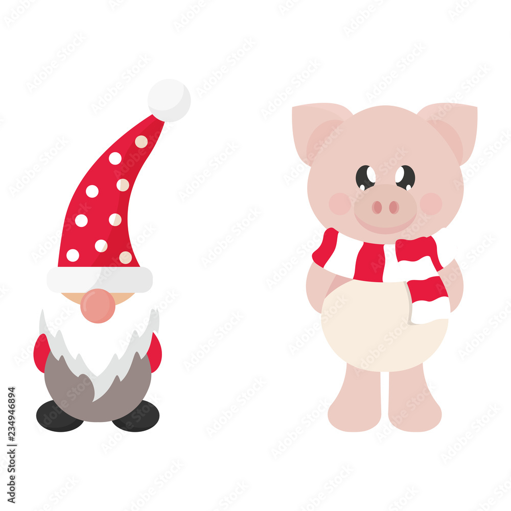 cartoon christmas dwarf and winter pig with scarf