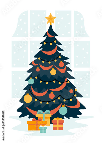 Christmas tree in the interior of the room against the background of a window and snowfall. New Year. Vector flat illustration