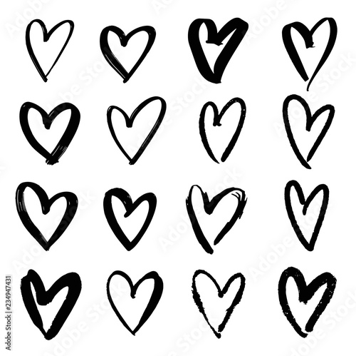 Grunge vector abstract hand - painted hearts. Set of black brush stroke and texture. Underline and border.