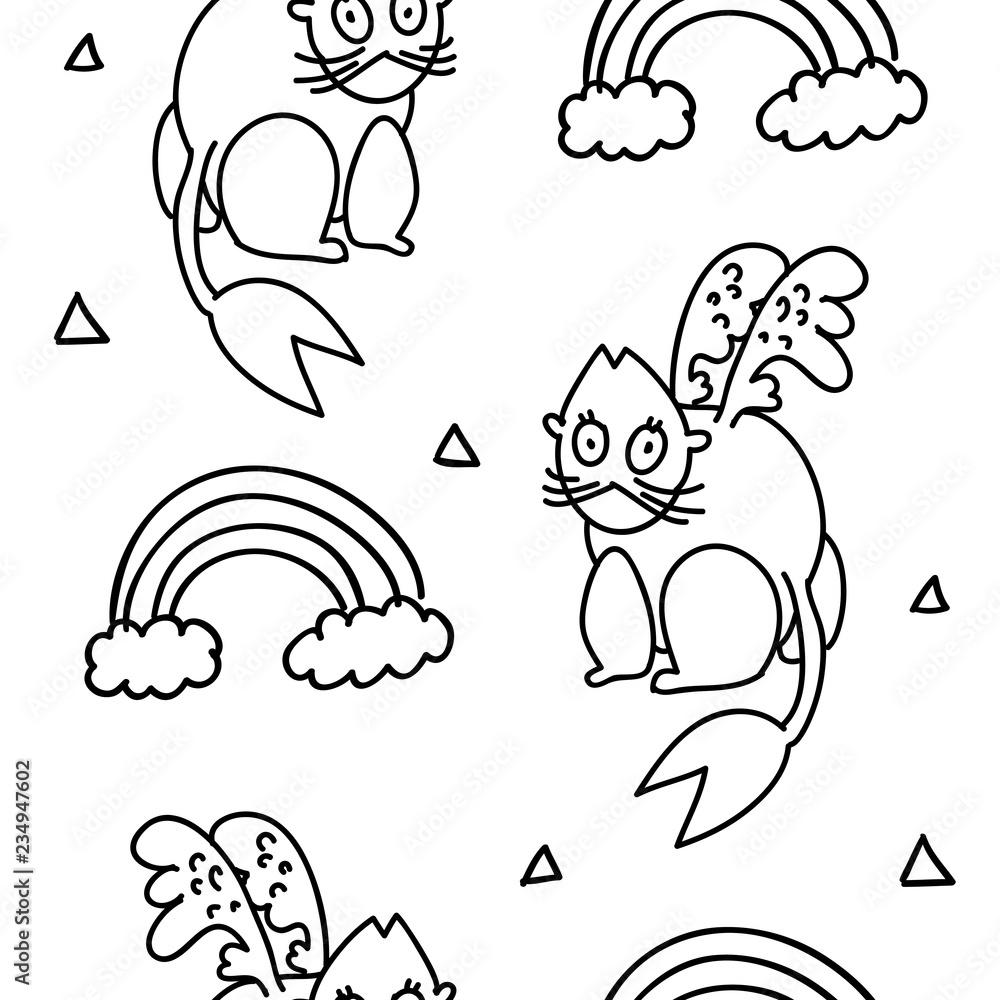 Fototapeta premium Cute monsters. Black and white funny monster illustration for kids, boys, girls. Vector cat and clouds pattern for pyjamas, textile, fabric, t-shirt, underwear 