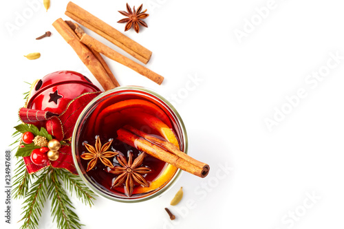 Mulled wine and Christmas decor on white