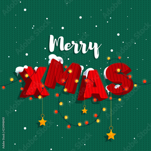 The inscription "Merry xmas" in 3D style, letters red and white colors strewn with snow hung with garlands.