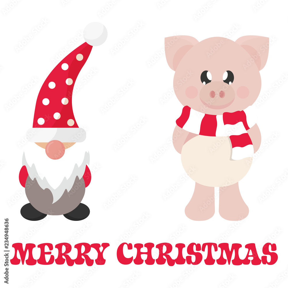 cartoon christmas dwarf and winter pig with scarf and christmas text