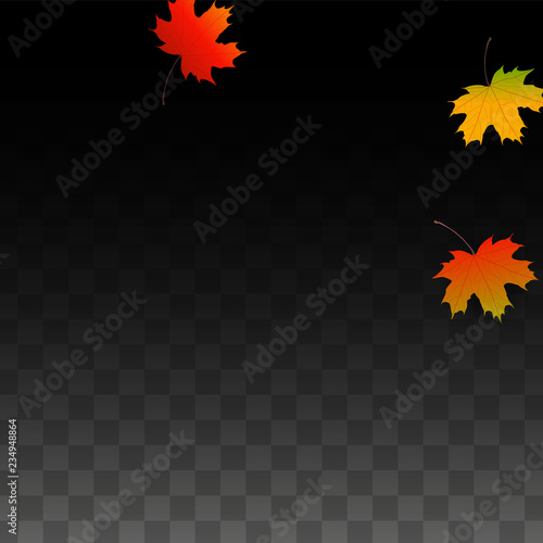 September Vector Background with Golden Falling Leaves. Autumn Illustration with Maple Red, Orange, Yellow Foliage. Isolated Leaf on Transparent Background. Bright Swirl. Suitable for Posters.