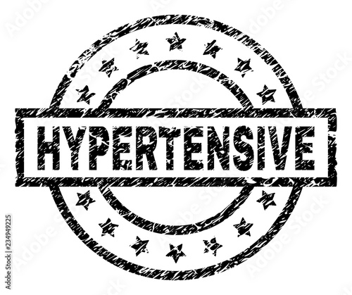 HYPERTENSIVE stamp seal watermark with distress style. Designed with rectangle, circles and stars. Black vector rubber print of HYPERTENSIVE label with grunge texture.