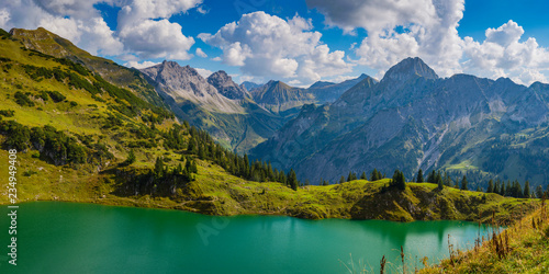 Germany, Bavaria, Allgaeu Alps, Panoramic view to Seealpsee, Oy Valley, f.l. Grosser Wilder, Kleiner Wilder and Hoefats photo