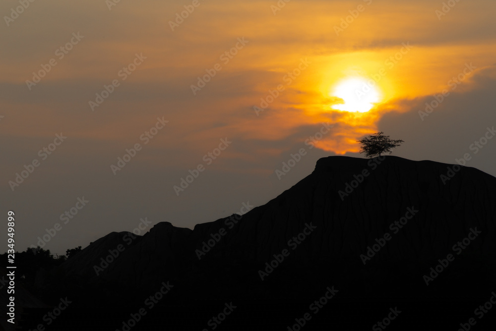 Silhouette of tree on the mountain with sunset and twilight sky in background Silhouette of tree on the mountain with sunset and twilight sky in background