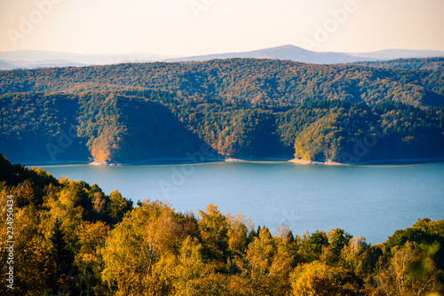 Solina Lake, Bieszczady, Poland. Views from hill to lake in sunny autumn day
