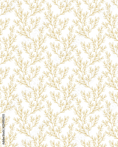 Delicate Floral Repeatable Vector Pattern. Golden Twigs and Leaves on a White Background. Subtle Design. Lovely Hand Drawn Sprigs Artwork.