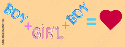 Schematic representation of polyamoric relations between three people. Polyamory conceptual illustration.