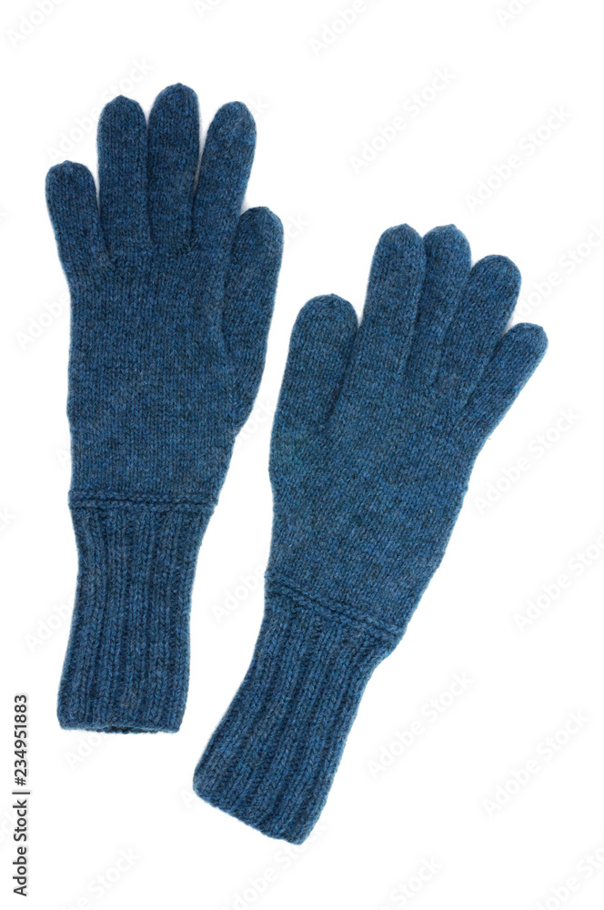 Blue gloves with a pattern on a white background. View from above. Blue gloves with a pattern on a white background. View from above.