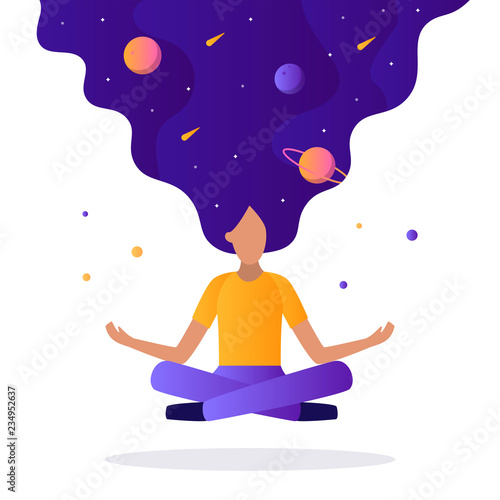 Girl with space hair floating in the air. Lotus position. The concept of meditation, generation of ideas, communication with the cosmos. Flat vector illustration.