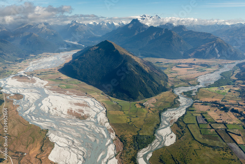 New Zealand, South Island, Otago, Wanaka, Aerial view of Matukituki river photo