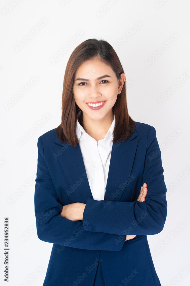 Beautiful Business Woman in blue suit is smiling on white background Beautiful Business Woman in blue suit is smiling on white background