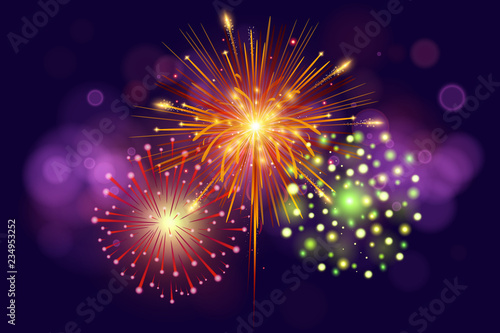 Festive Colorful fireworks on dark blue background. Set of Vector realistic fireworks illustration. New Year Christmas firework.