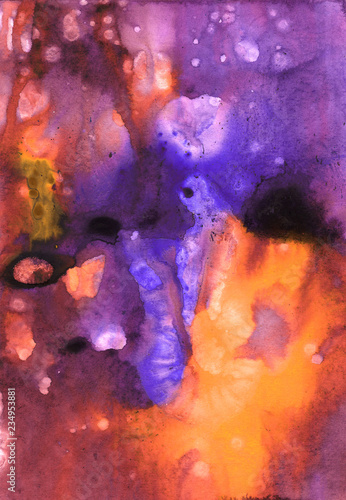 Hand drawn abstract bright artwork in acrylic paints style with violet and orange drips, stains and splashes