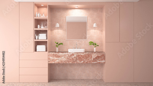 Modern white bathroom 3d rendering image. There are pink tile wall and floor.