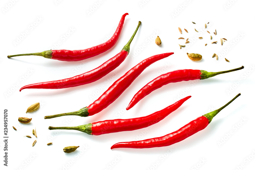 Hot red pepper with spices on white background Hot red pepper with spices on white background