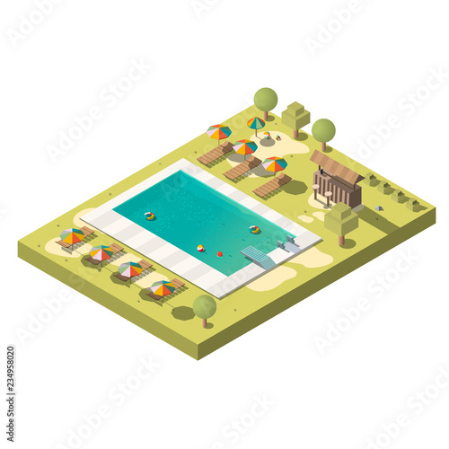 Hotel water park swimming pool isometric vector with umbrellas under beach lounge chairs, bar and inflatable rings in water illustration. Resort outdoor attraction. Travel and tourism design element