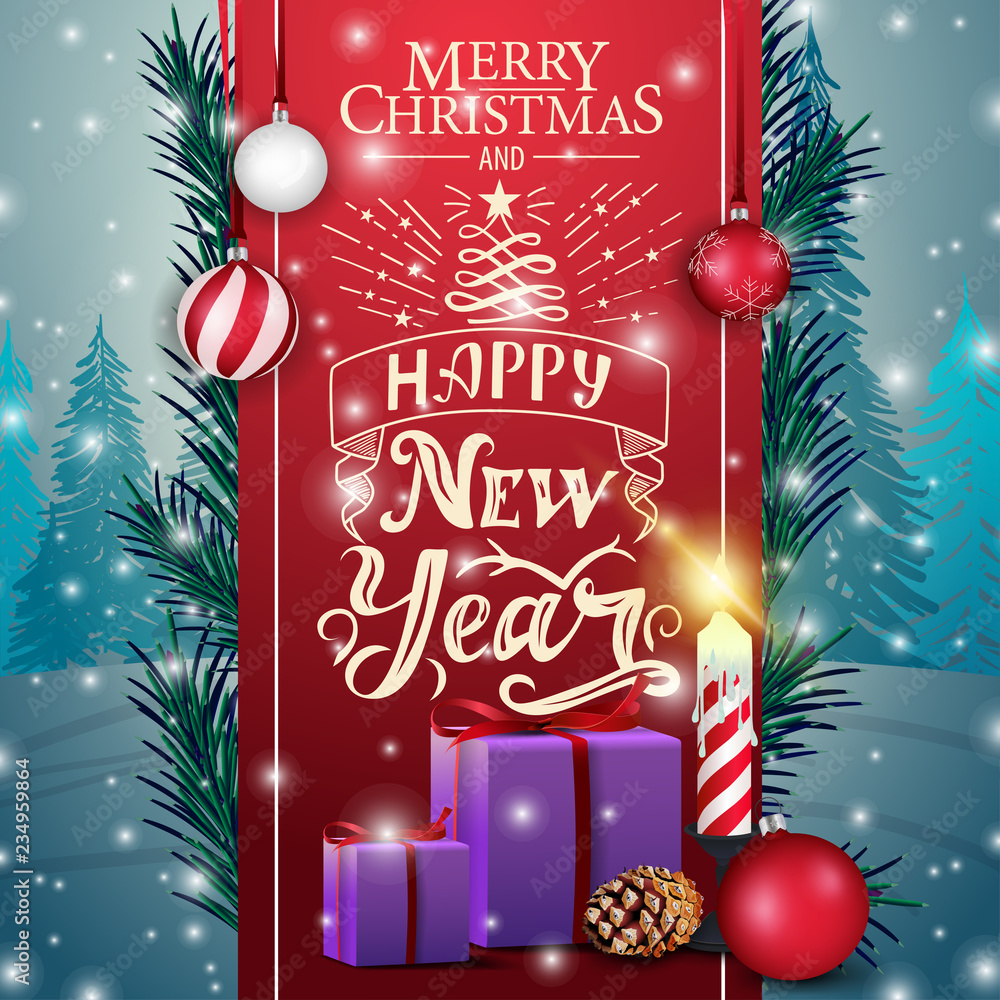 Christmas card with red ribbon, gifts and candle
