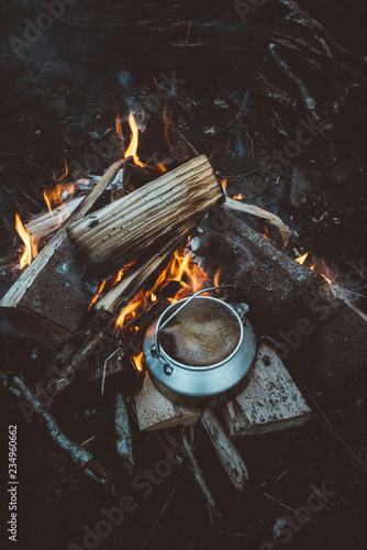 Campfire in the moody forest photo