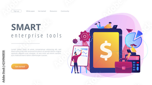 Accountants work with financial transactions software and tablet. Enterprise accounting, IT accounting system, smart enterprise tools concept. Website vibrant violet landing web page template.