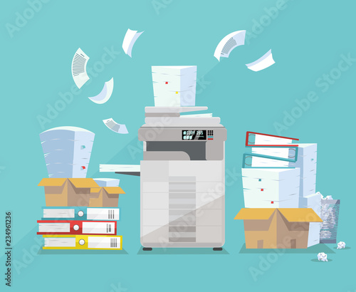Professional office copier, multifunction scanner printer printing paper documents with pile of documents, stack of papers in cardboard boxes. Flat cartoon vector illustration.